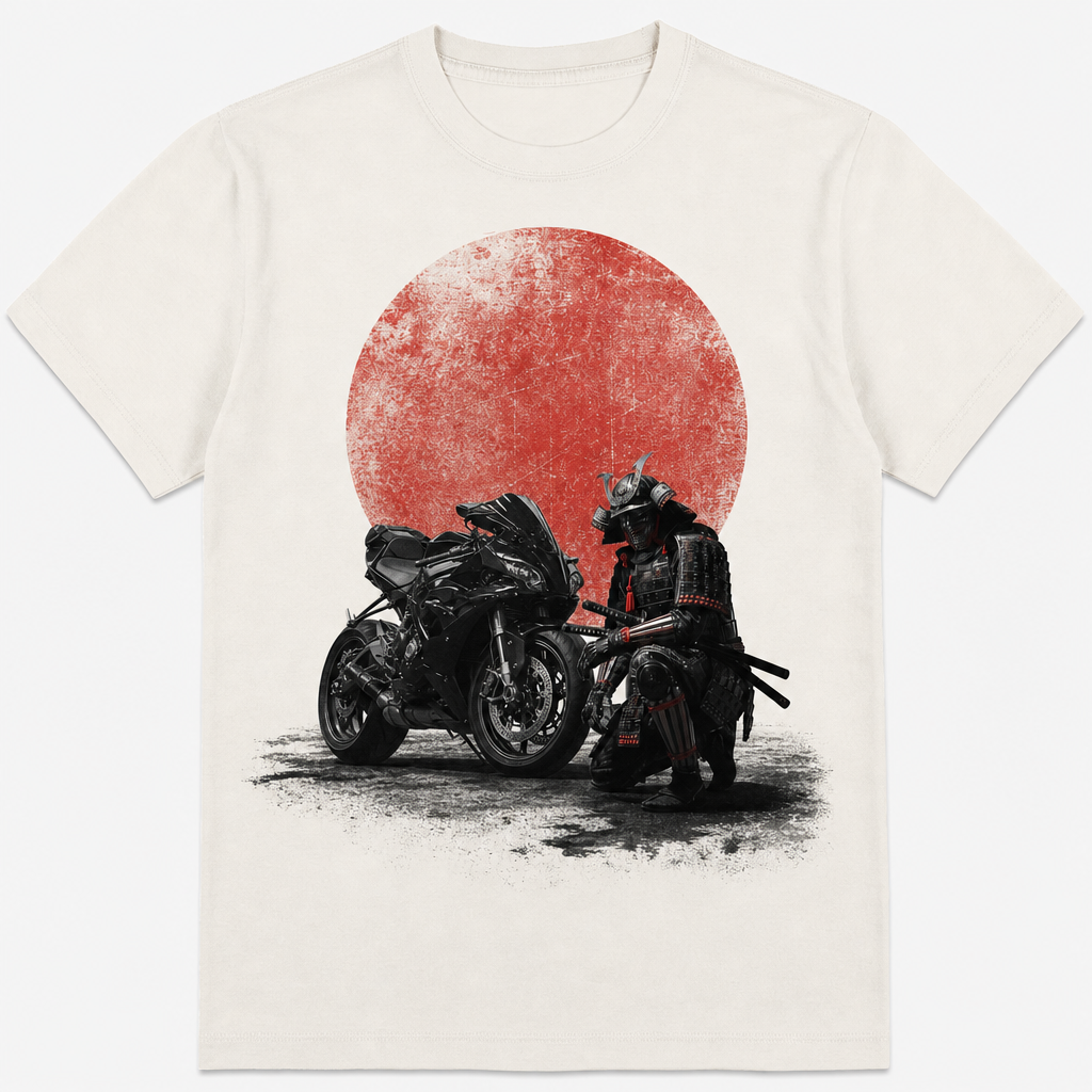 Cream tee — samurai kneeling beside the S1K under a red sun