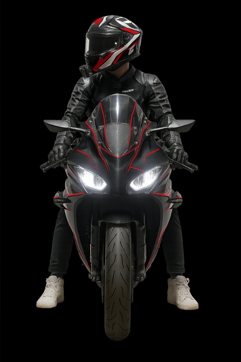 Slim on the bike, headlights on